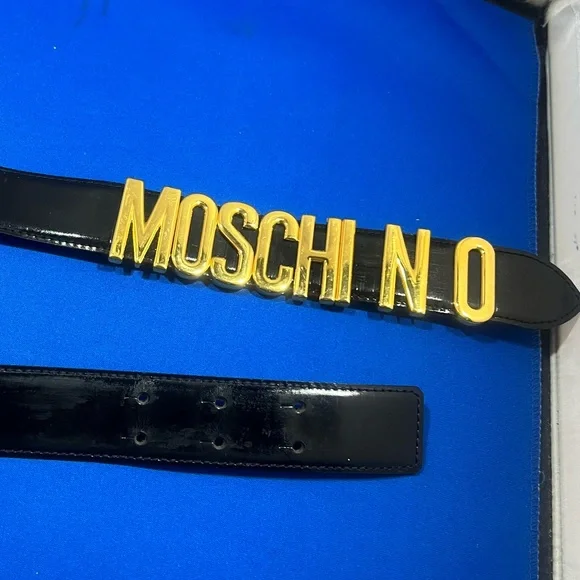 MOSCHINO REDWALL BLCK LEATHER BELT GOLD LOGO MONOGRAM 401020  display picture 2